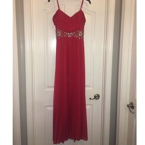 Red formal strappy dress.
